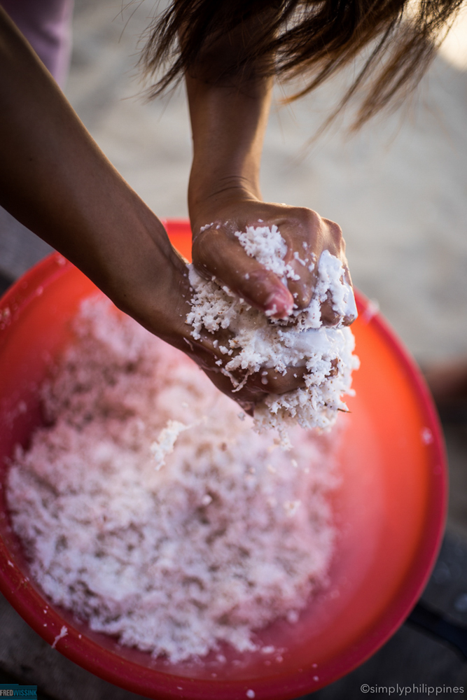 Add a little water and squeeze the coconut cream from the flesh